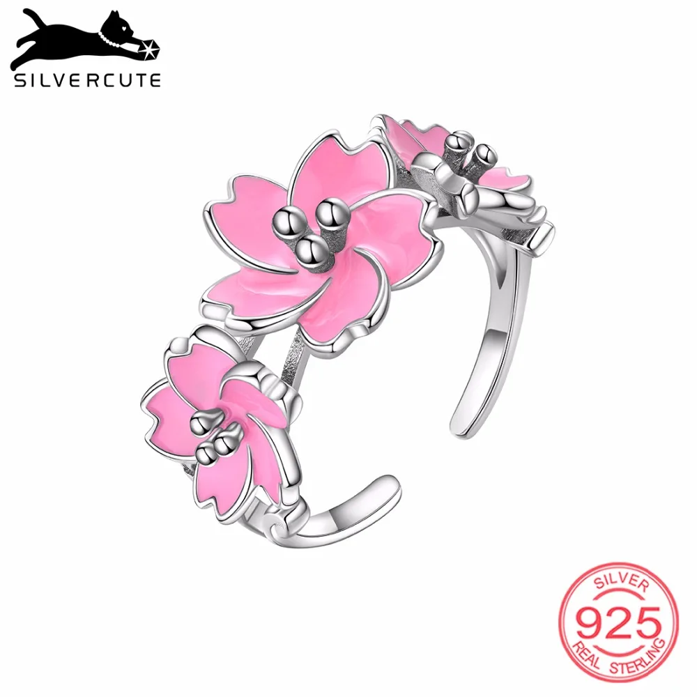 

SILVERCUTE Pink Cherry Blossom Ring For Women 925 Sterling Silver Flower Rings Fine Jewelry Valentine's Day Gift Girls SCR6528B