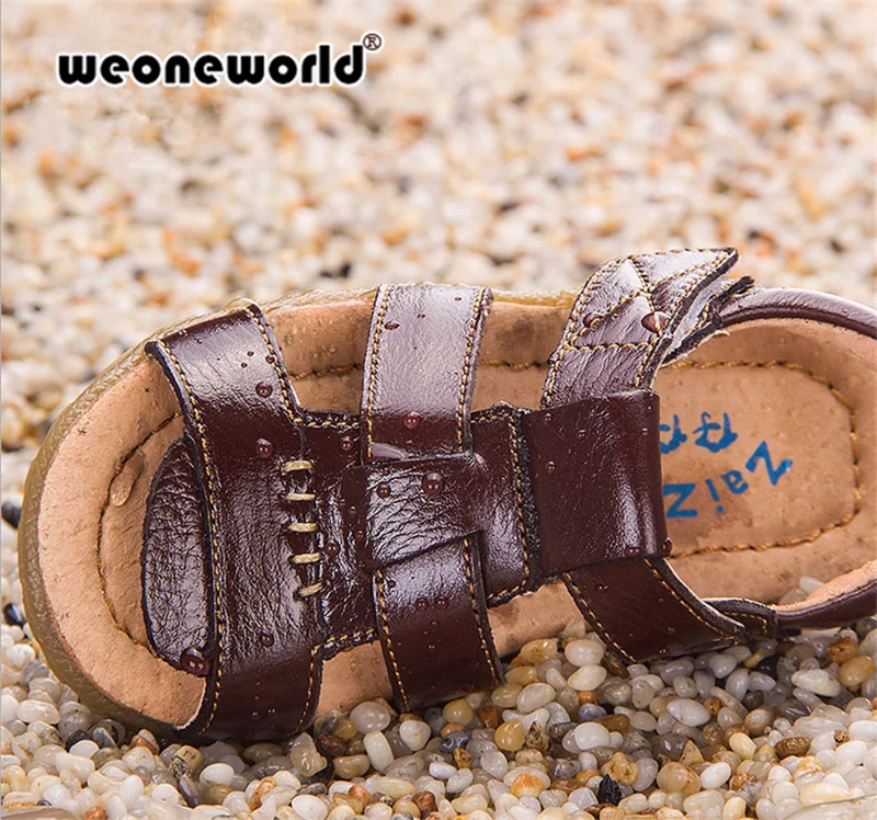 WEONEWORLD/Высококачественная обувь для маленьких мальчиков Новые летние дизайнерские детская обувь для мальчиков детские пляжные сандалии из мягкой натуральной кожи размеры 21-36