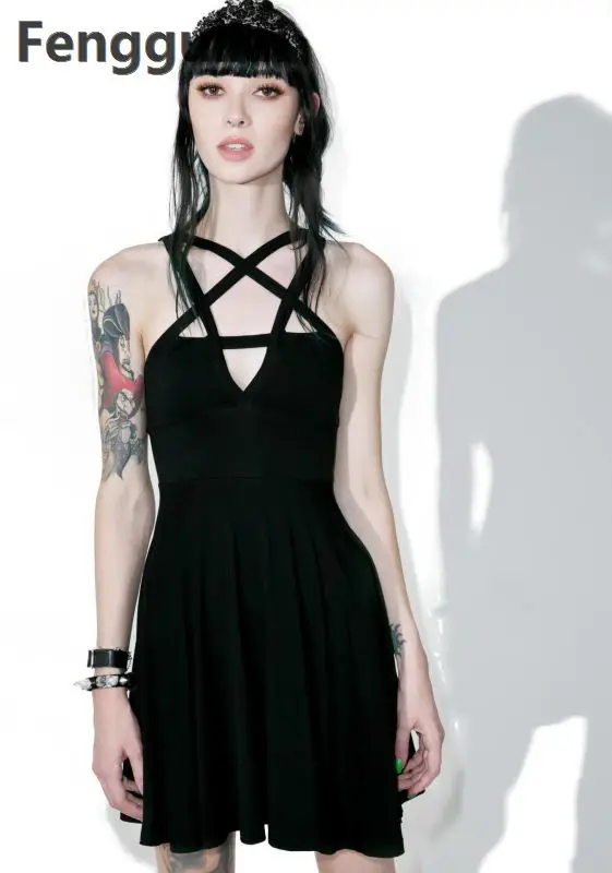 Summer Fashion Women Dress Gothic Vintage Romantic Casual Dress Without Belt Sexy Black Dress Nq816758