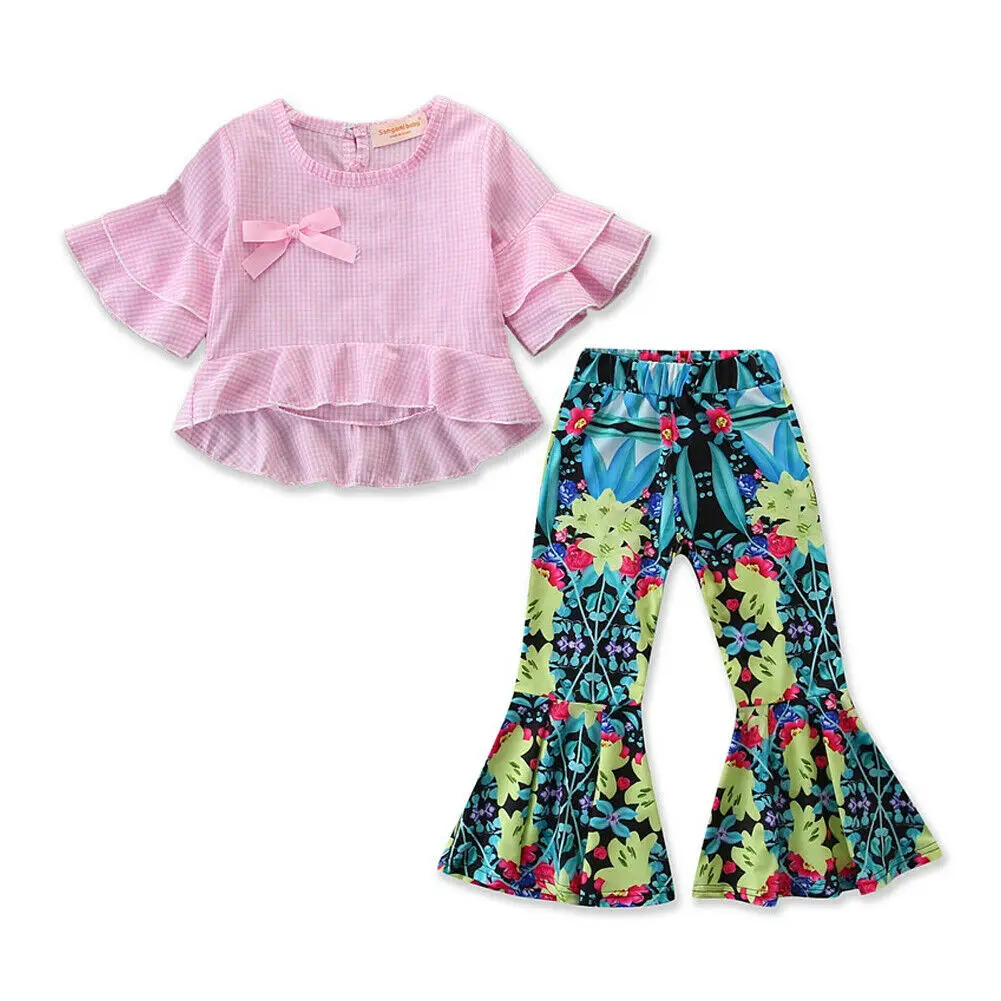 

2-7Y Toddler Kids Baby Girl Flare Sleeve Plaid T-shirt Tops Floral Flared Pant Bell Bottom 2PCS Outfits Summer Clothes Set