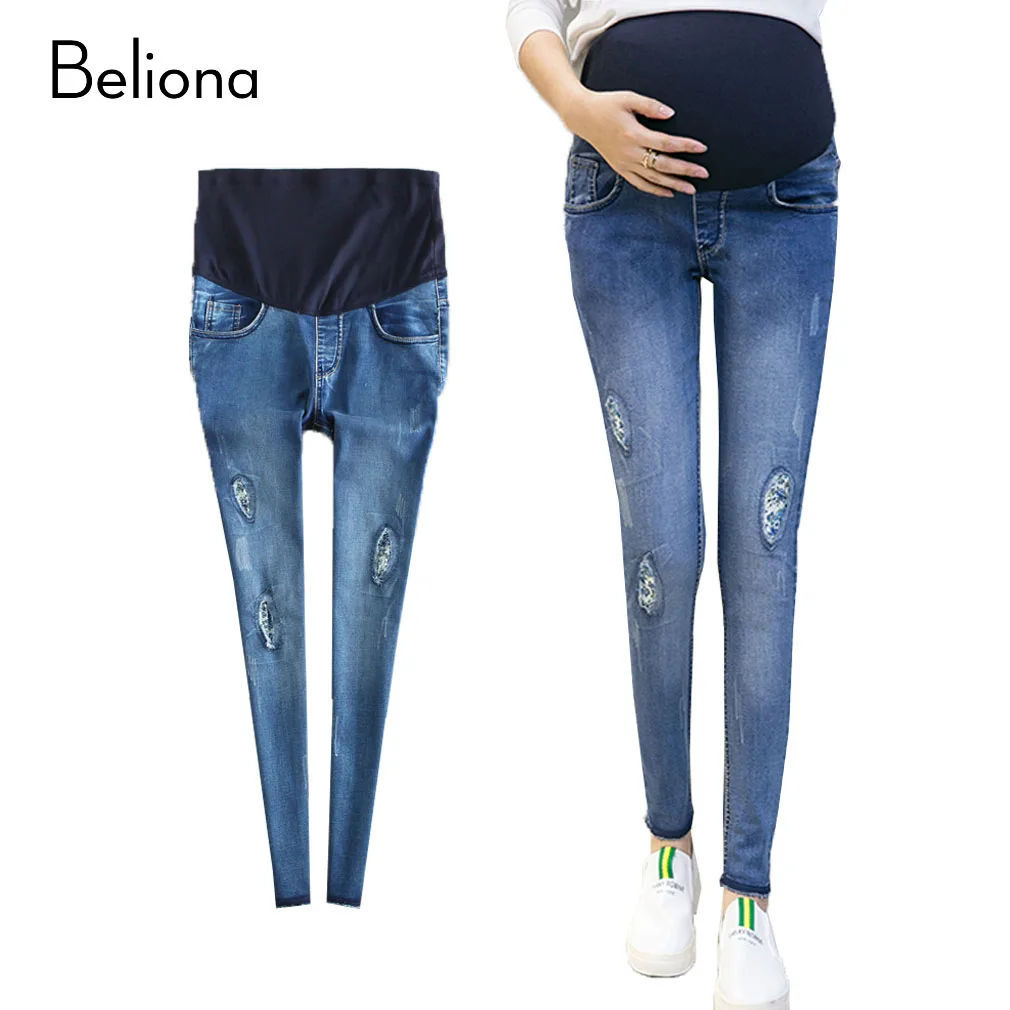 Maternity Holes Jeans Pregnancy denim Pants for Pregnant Women Elastic