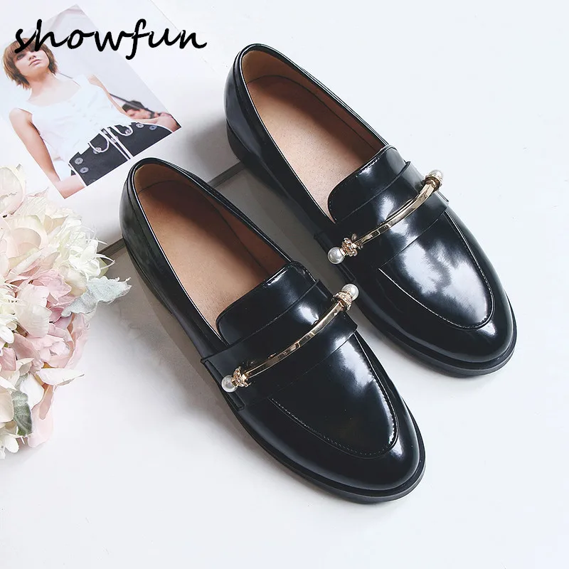 Women's patent leather slip on flats loafers brand designer gold beading buckle leisure
