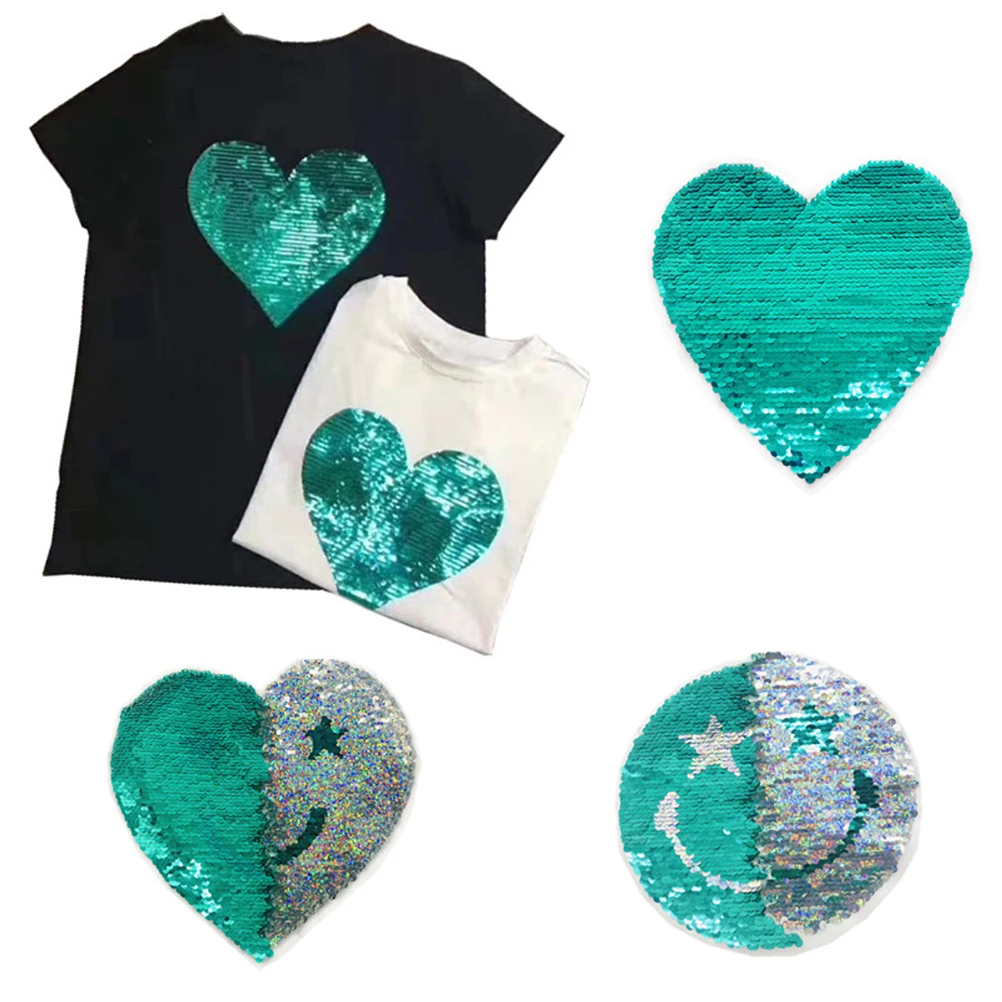 

New Heart Reversible Color Sequins Sew On Patch for clothes DIY Crafts Coat Sweater Embroidered Paillette Patch Applique 1 Pc