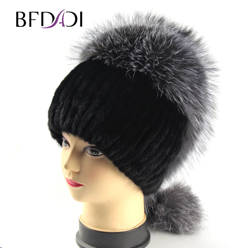 

BFDADI Women winter mink fur hat knitted fox fur caps female russian warm beanies hat 2018 brand new women's fur hat 1120