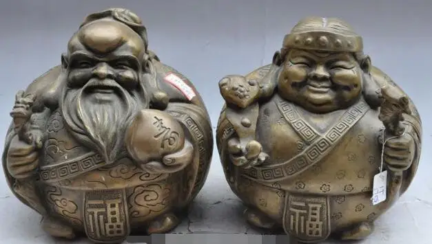

S2489 7"Chinese Bronze Longevity god Husband and wife Couples buddha ruyi Peach statue
