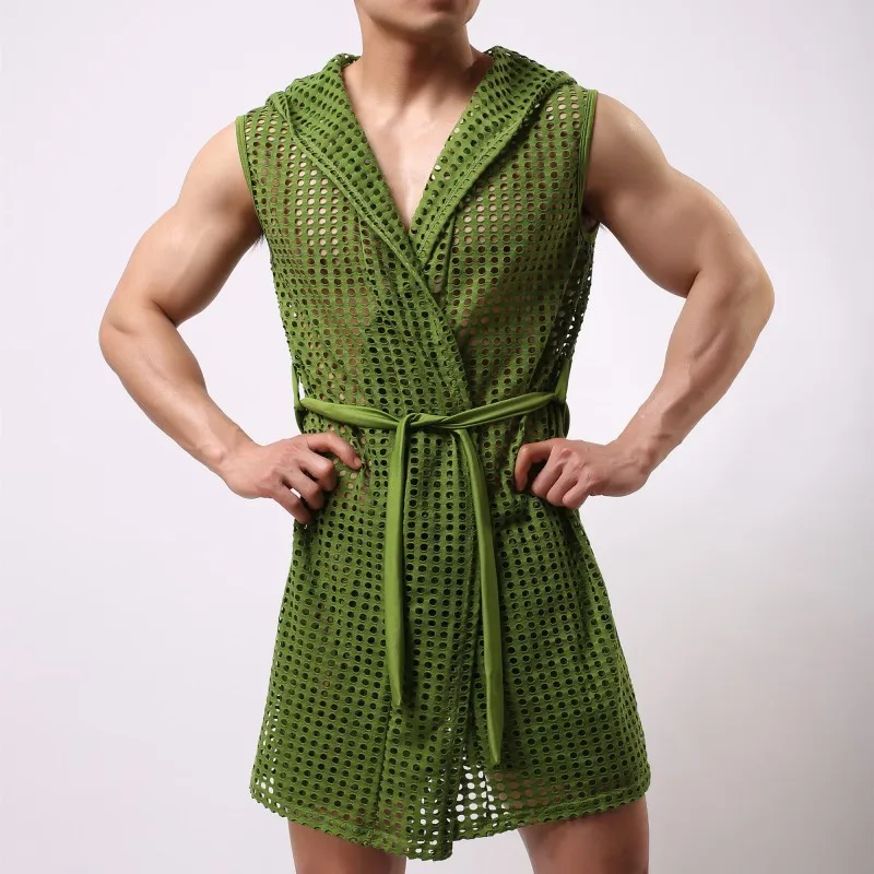 

2019 Summer New Men Robe Sleeveless Breathable Big Mesh Sleepwear Nightwear Casual Kimono Bathrobe One Piece Male Nightgown