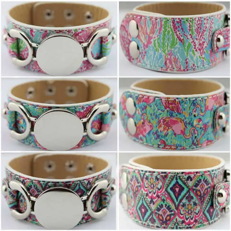 

Personalized Lilly Pulitzer Motif Leather Cuff Bracelets for Women 2017 New Silver Plated Summer Floral Monogram Blank Jewelry