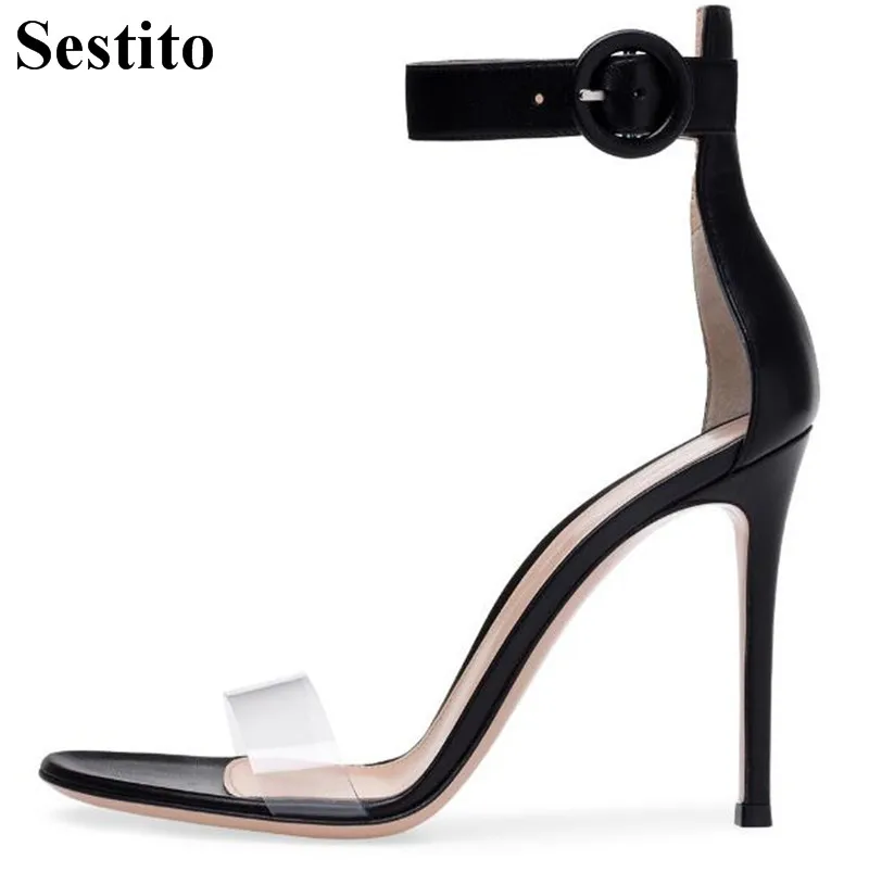 

Newest Sweet Solid PVC Peep Toe Super High Heel Dress Women Sandals Buckle Strap Cover Heel Thin Heels Basic Ladies Shoes Summer
