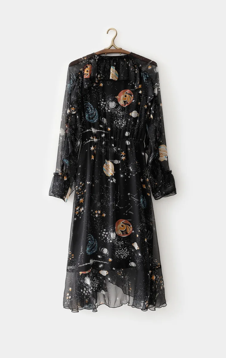 Черное пляжное праздничное платье с круглым вырезом и длинными рукавами, богемные кружевные платья с принтом звезд, Луны и цветов для женщин Vestidos 903005
