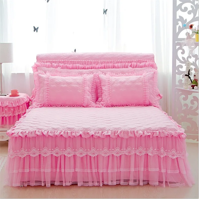 Домашний текстиль 3 шт. полиэстер и хлопок стеганая кровать юбка комплект кружева бежевый розовый покрывало принцесса покрывало постельное белье Свадебные постельные принадлежности
