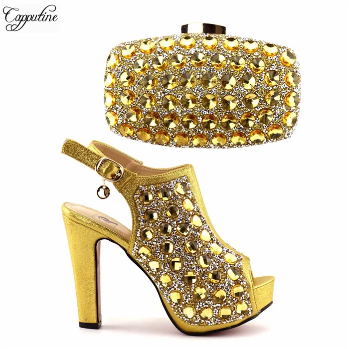 

Excellent high heel lady pump shoes and handbag set perfect matching for evening dress A825 in gold , 6 color on sale