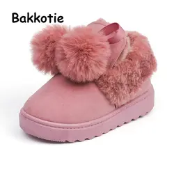 Bakkotie 2018 Зима Новая мода для маленьких девочек лук снегоступы детский бренд ботильоны детей черный мех животных теплые туфли без каблуков