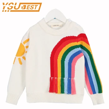 

New 2017 Baby Girls Sweaters Brand Kids Autumn New Knitted Baby Girls Pullover Sweater Cotton Tassels Rainbow GirlsTop Clothes