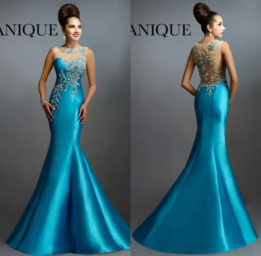 

Long Evening Dress 2015 New Arrival Formal Blue Party Elegant Sheer Neck Back Mermaid Beaded Sweep Train Sleeveless UM024