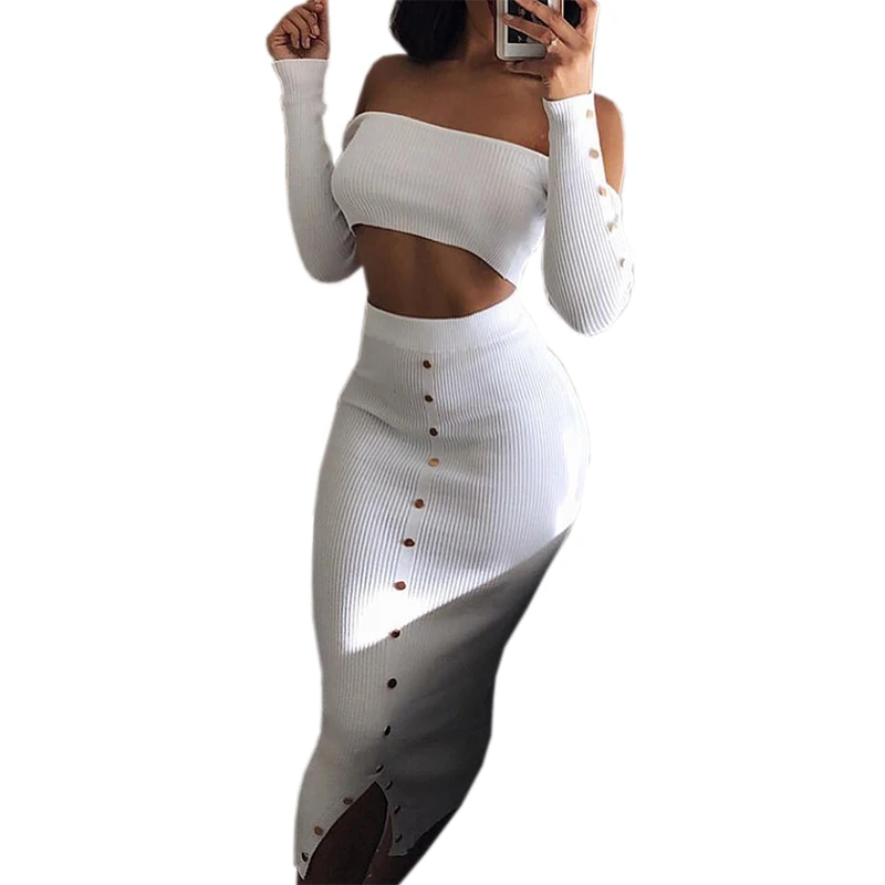 Crop Top and Pencil Skirt Outfits Girl Off Shoulder Buttons Skinny Split Knitted Women's Sets Winter Sexy Bodycon Two Piece Set
Crop Top and Pencil Skirt Outfits Girl Off Shoulder Buttons Skinny Split Knitted Women's Sets Winter Sexy Bodycon Two Piece Set