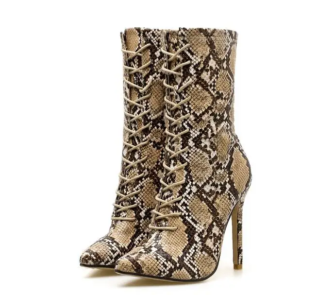 

2018 Hot Autumn Women Mid-Calf Boots Shoes Woman High Heel 11CM Pumps Shoes Female Snake Pattern Leather Lace Up Plus Size 35-42