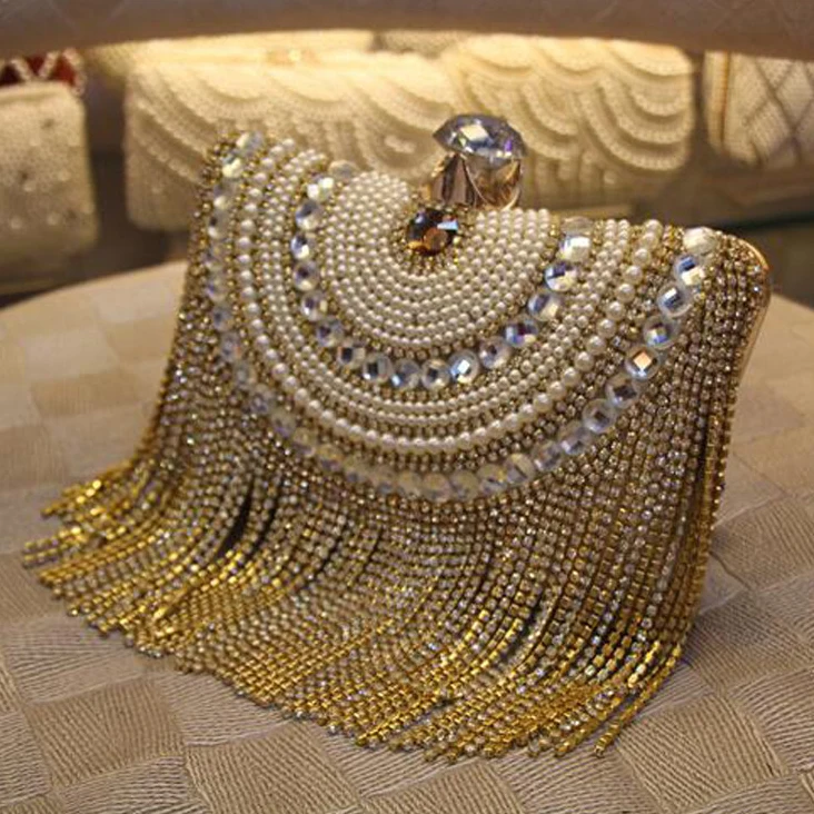  Rhinestones Tassel Clutch Diamonds Beaded Metal Evening Bags Chain Shoulder Messenger Purse Evening - 32520915550