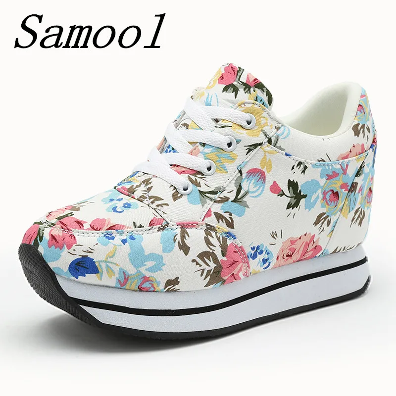 

Women's Flower Printed Flat Platform Shoes Spring Woman height increase 5cm Casual Comfort Canvas Sneakers Breathable Shoes jx3