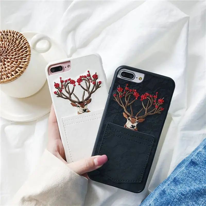 

Luxury Lace Leather Splicing Elk Phone Case For IPhone 6 7 6s 8 Plus X Cute Embroid TPU Back Cover With Card Pocket Gags Fundas