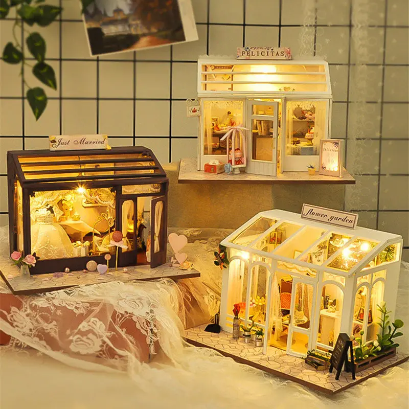 WINCO Wooden Diy Doll house Toy Miniature Box Puzzle Dollhouse Diy Kit Furniture Flower Cake Shop Model Gift Toy For Children