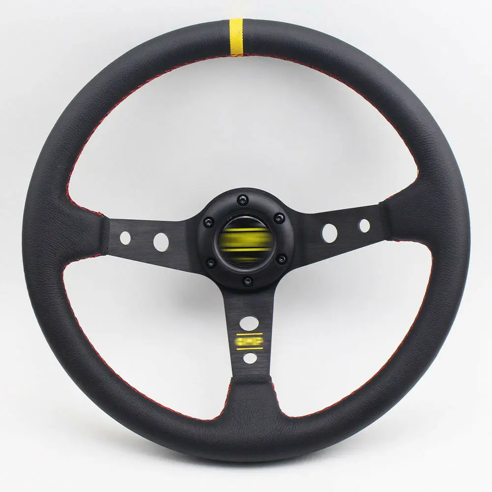 

14" 350mm Black Deep Dish PU Leather Yellow Strip Red Stitching Universal Fit Racing Steering Wheel