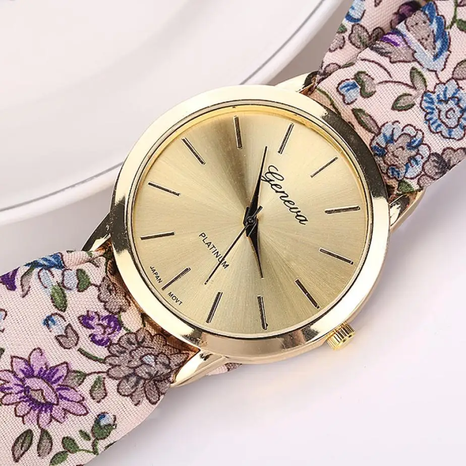 Montre ; изысканная обувь с ремешком, украшенным цветами; наручные Для женщин жаккардовая ткань кварцевые женские часы GENEVA браслет часы Relogio Feminino