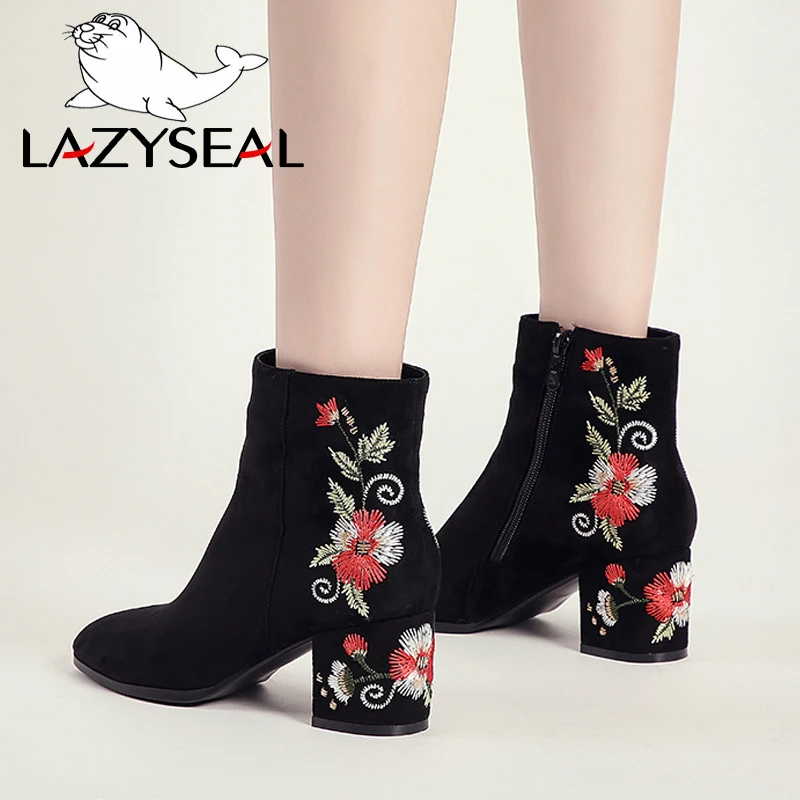 

Женские ботинки LazySeal с цветочной вышивкой, ботильоны на высоком каблуке, черные флоковые кожаные ботинки на квадратном каблуке, Женская Цветочная обувь на молнии