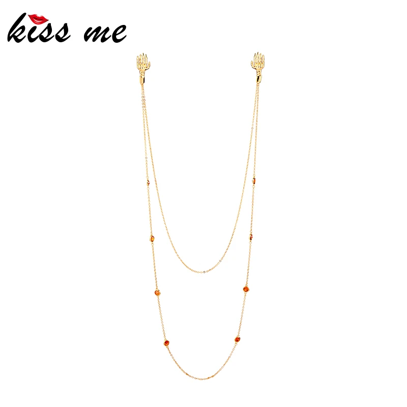 

KISS ME Hyperbole Two-tone Devil Hands Stud Earrings For Women Double Long Chain Connect Ear Stud Unique Zircon 2019 Accessories