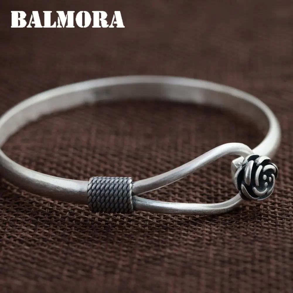 

BALMORA 990 Pure Silver Flower Bangles for Women Mother Lover Gift about 18cm Accessories Simple Fashion Jewelry Esposas SZ0206