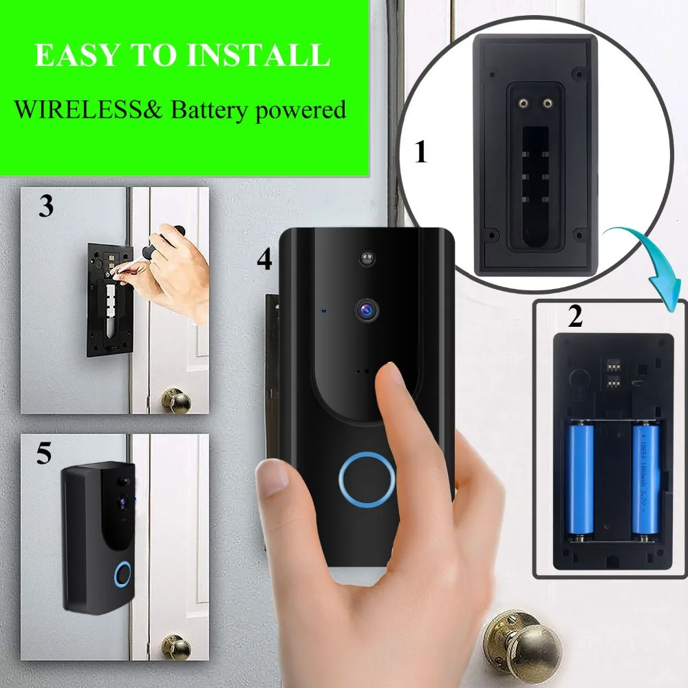 720P Wifi Video Doorbell Security Camera Motion Detection Alarm Built-in TF Card Two Way Audio Battery APP Control