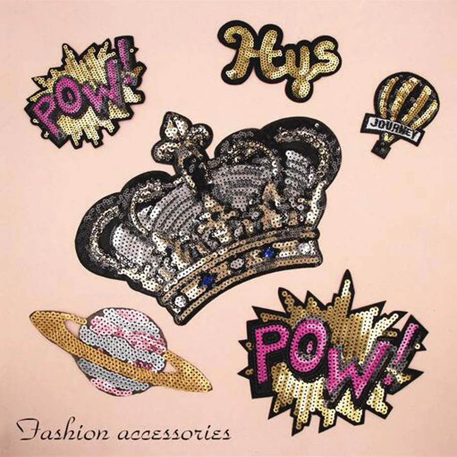Große Krone Patch Abzeichen Cartoon Pailletten Eisen auf Nähen Kleidung Aufklebe