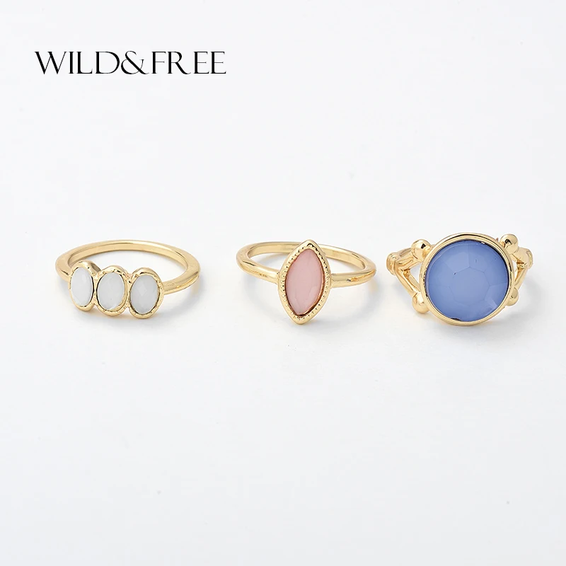 

New 3pcs/set Boho Style Gold Color Geometric Ring Sets For Women Blue Pink Acrylic Beads Wedding Midi Rings Jewelry For Girl