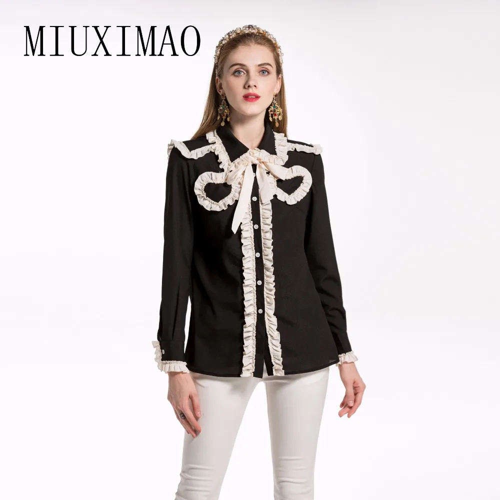 

2018 Spring & Autumn Latest Fashion Europe Style Turn-down Collar Full Sleeve Ruffles Bow Patchwork Best Quality Blouse Women