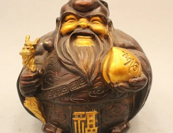 

7" Chinese Fengshui Folk Bronze Gild longevity Peach Soil Grandfather Statue