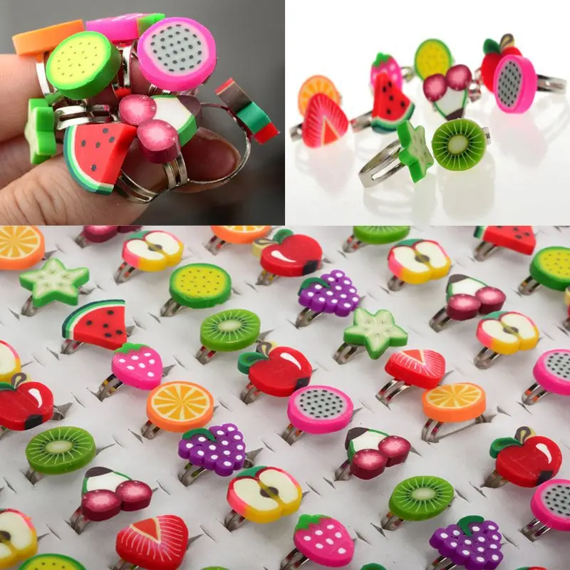 Lots 50pcs Polymer Clay Fruit Shape Rings Cheap Jewelry Cute Adjustable