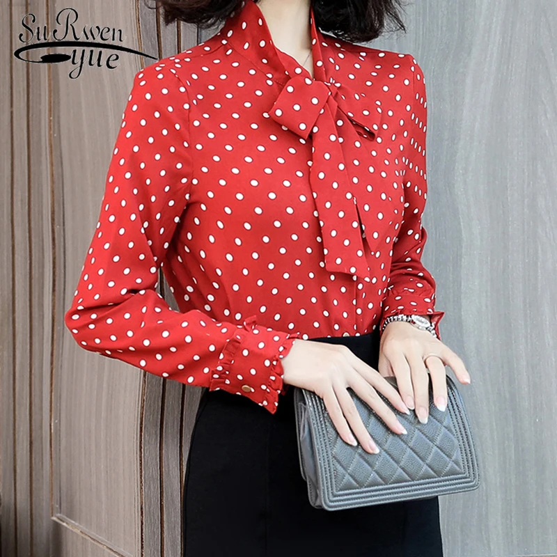 Vente 2018 automne femmes tops et blouses De Mode Coréenne style polka dot arc cravate à manches longues en mousseline de soie chemise mince blouse chemise 1393 45