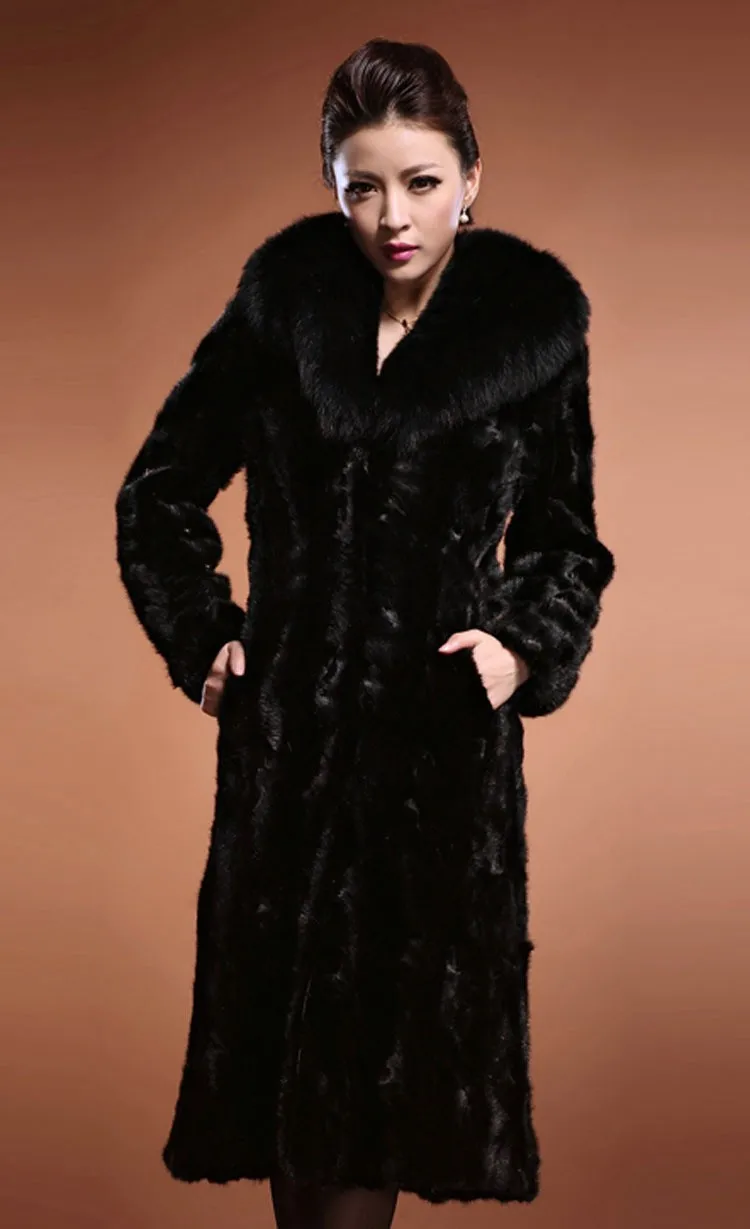 Зимние Для женщин искусственный мех норки мех кролика пальто лисий меховой воротник длинное пальто Утепленная подкладка плюс Размеры XXXL 4XL верхняя одежда пальто - Цвет: Черный