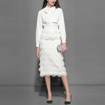 

New Spring 2019 Ladies Elegant Office Two Pieces Sets Long Sleeve Blouse + High Waist Tassel Midi Skirts White Fashion Suits