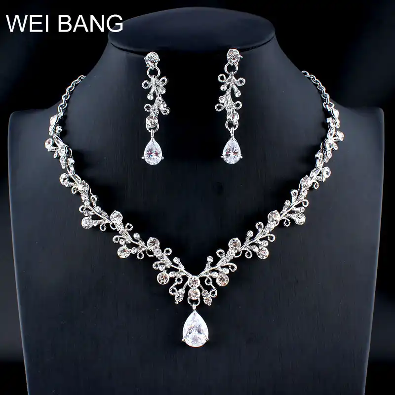 Clic Flower Crystal Jewellery Set Bride Silver Color Necklace Flower Crystal Jewellery Set Bride
