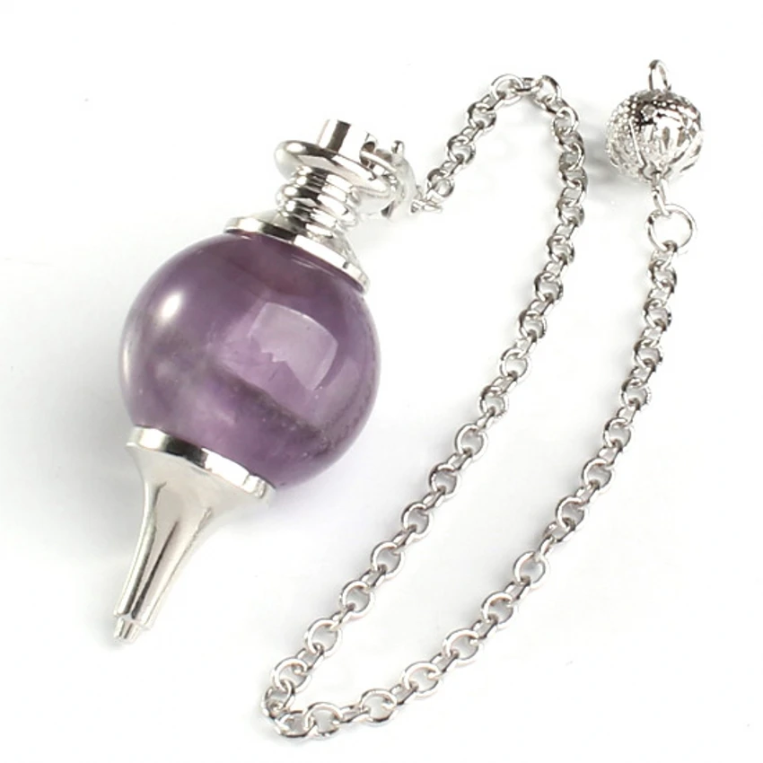 

YGB 1 Pcs 18 mm Fashion Natural amethyst precious stone Silvery Metal Ball Chain Dowsing Healing Pendulum Gift