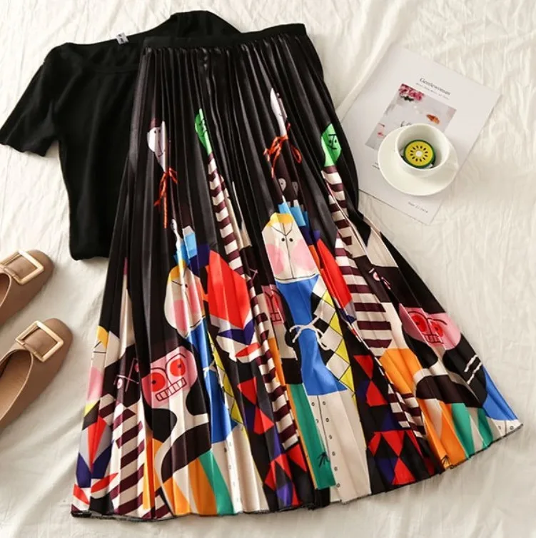 

2019 Skirt New Fashion Print Loose Waist Pleated Skirt Straight Print Long Fashion Skirt Women