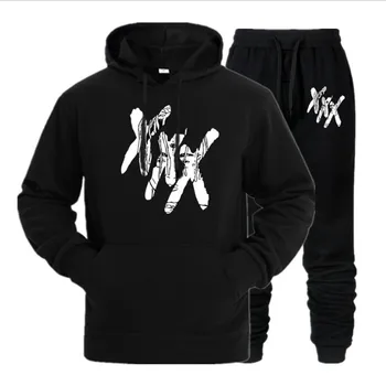 

Male Fleece keep warm Sweatshirts Sets Casual Cuff print Hooded Suit jogging homme tracksui New men Fashion hoodies Sets