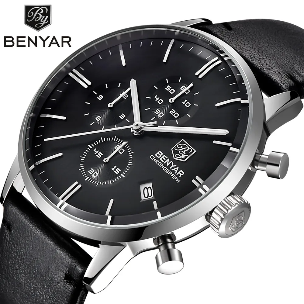 

BENYAR Fashion Luxury Brand Men's Leather Watch Business Quartz Watch Stainless Steel Case Waterproof Watches erkek kol saati