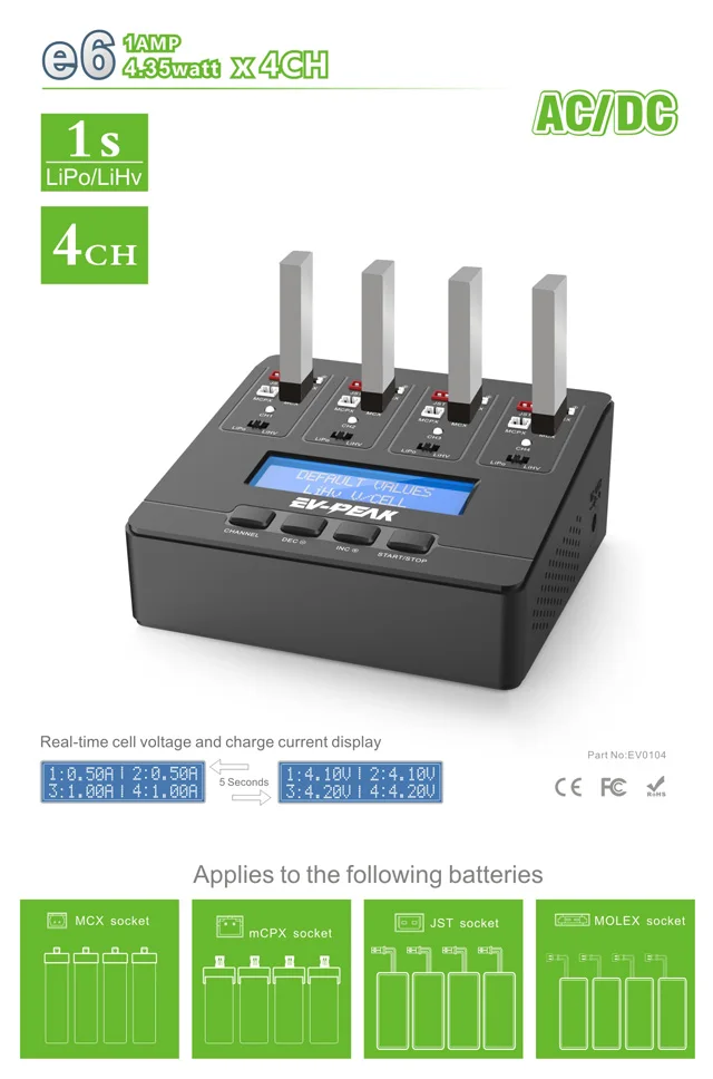 EV-PEAK E6 AC Input 100-240V 4.35W / 1A x 4 1s Li-Ion LiHV Battery Balance Charger