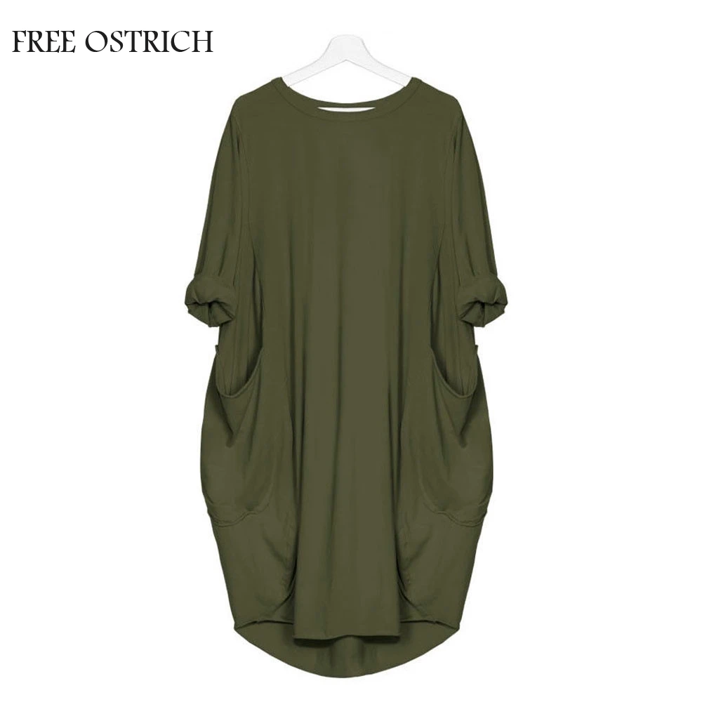 

FREE OSTRICH Dress Womens Plus Size Loose Gown Casual Brief Solid Ladies Crew Neck Pocket Long Tops Full Dress