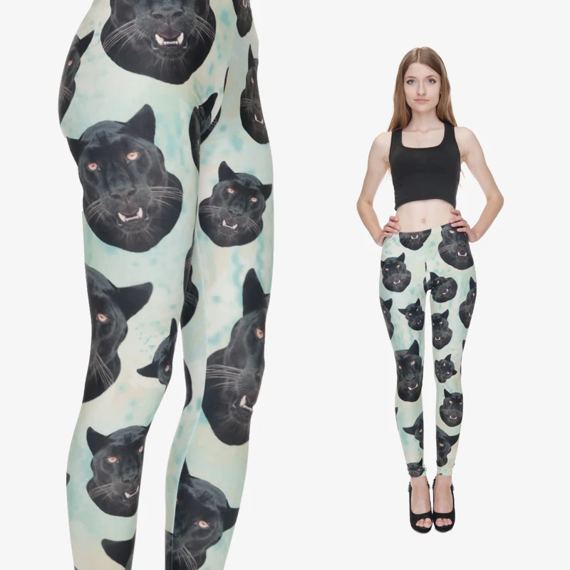 Новое поступление года леггинсы для женщин модные 3D мятно зеленый с черной пантерой головы для Забавные Животные Собака Леггинс