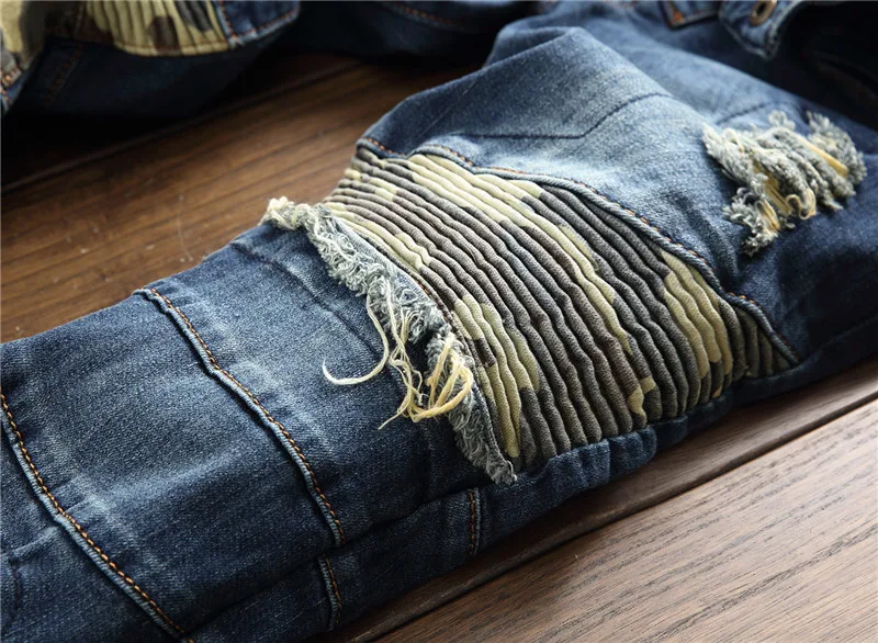Newsosoo модные для мужчин плиссированные Ripped байкер джинсы для женщин прямые Проблемные джинсовые мотоциклетные брюки мотобрюки камуфляж