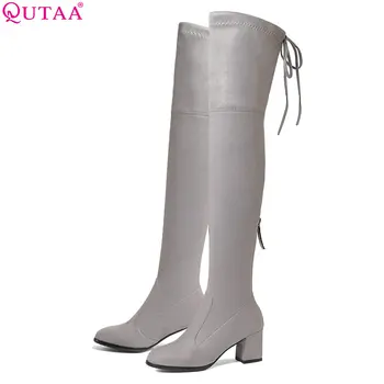 

QUTAA 2020 Women Winter Shoes Over The Knee High Boots Fashion Platform Zipper Square Toe Women Motorcycle Boots Size 34-43