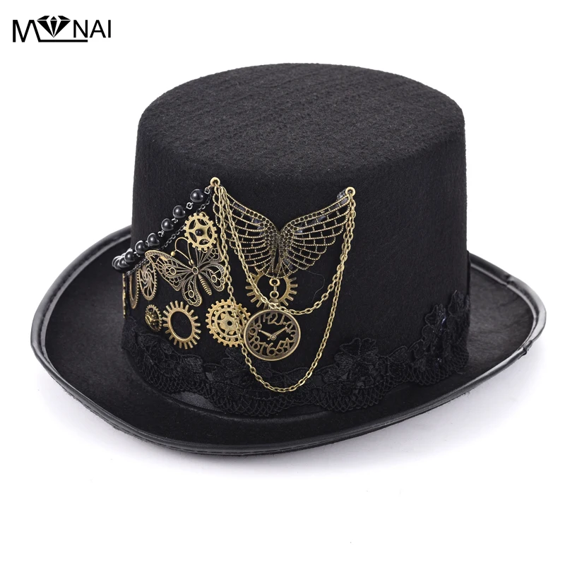 

Retro Steampunk Top Hat Gothic Wool Victorian Hats With Gears Lace Wing Chain Accessories Mexican hat Handmade Cosplay Accessory