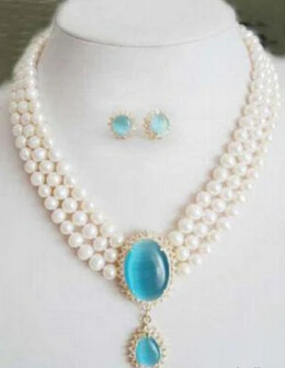 

Free shipping 220 3 Rows Genuine White Pearl Sky-Blue Opal Pendant Necklace Earrings